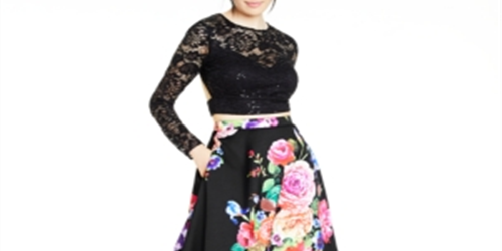 B. Darlin Women's Lace Floral Long Sleeve Jewel Neck Full Length Formal Fit Flare Dress Black Size 15-16