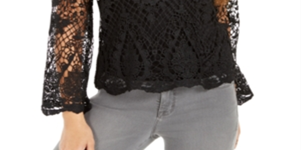 Style & Co Women's Lace Bell Sleeve Top Black Size Small