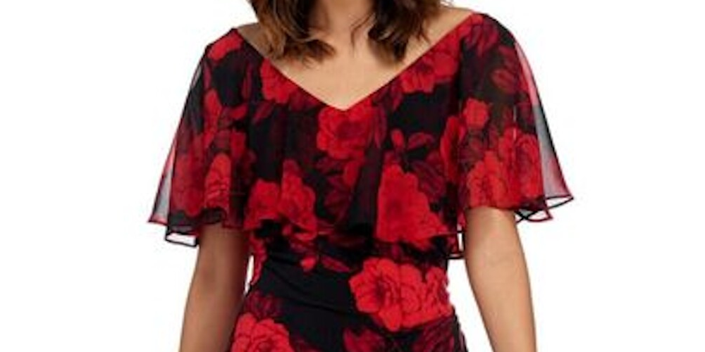 Connected Apparel Women's Petite Rose Flounce Sleeve Dress Red Size 10 P