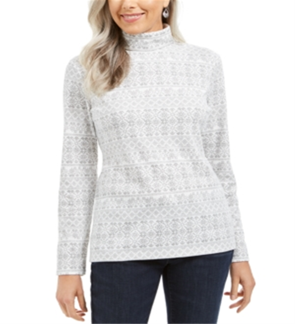 Karen Scott Fair Isle Printed Turtleneck Top  - Winter White Size XS