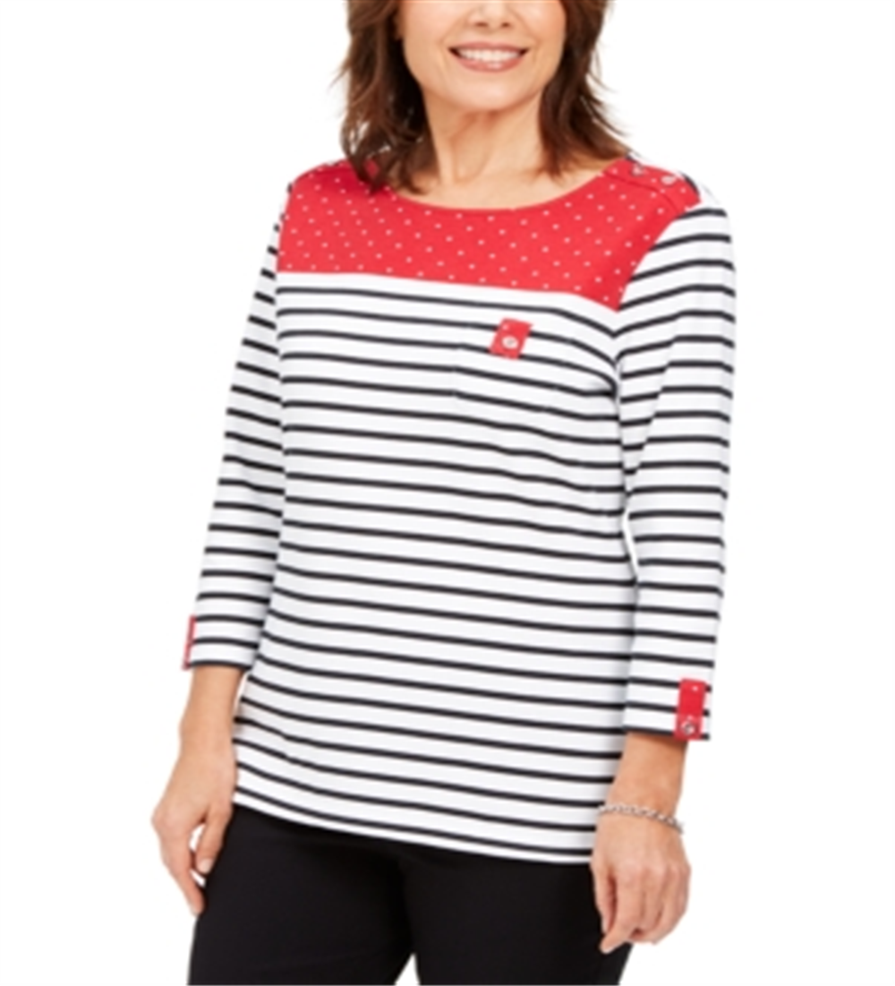Karen Scott Petite Striped Polka Dot Top  - New Red Amore Red Size Petite Extra Small