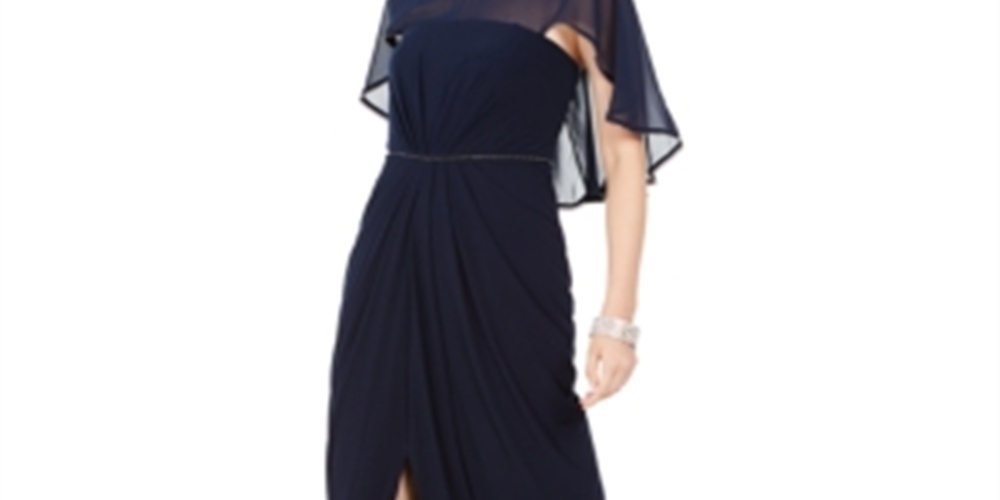 Adrianna Papell Women's Ruched Embellished Slitted Sleeveless Jewel Neck Full Length Fit Flare Evening Dress Blue Size 16