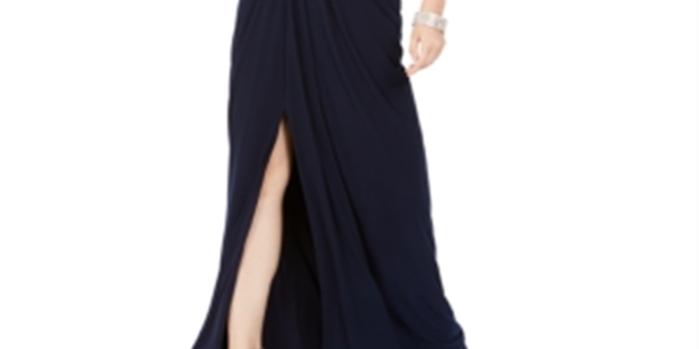 Adrianna Papell Women's Ruched Embellished Slitted Sleeveless Jewel Neck Full Length Fit Flare Evening Dress Blue Size 16