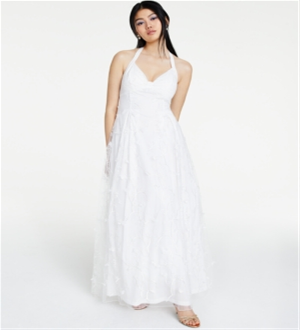 Jump Women's Sheer Floral Sleeveless Halter Full Length Formal Fit Flare Dress White Size 9/10