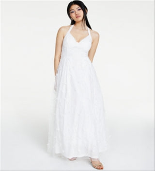 Jump Women's Sheer Floral Sleeveless Halter Full Length Formal Fit Flare Dress White Size 9/10