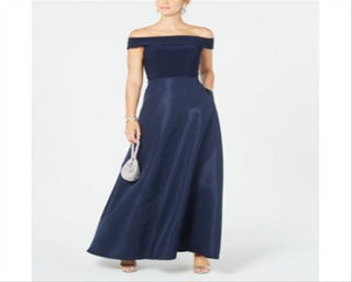 Adrianna Papell Women's Off the Shoulder Mikado Gown Navy Size 18