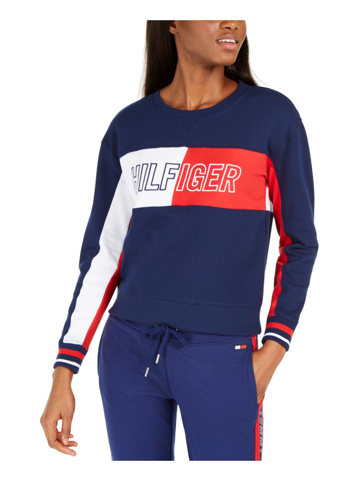 Tommy Hilfiger Women's Cropped Crewneck Logo Sweatshirt Blue Size Small