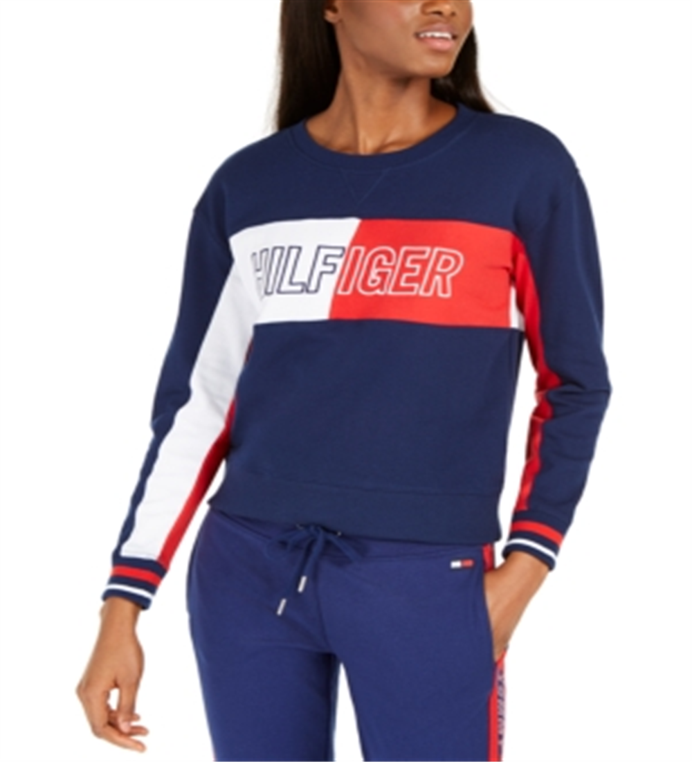 Tommy Hilfiger Women's Cropped Crewneck Logo Sweatshirt Blue Size Small