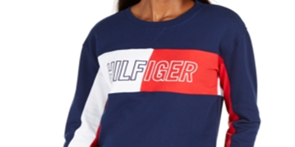 Tommy Hilfiger Women's Cropped Crewneck Logo Sweatshirt Blue Size Small