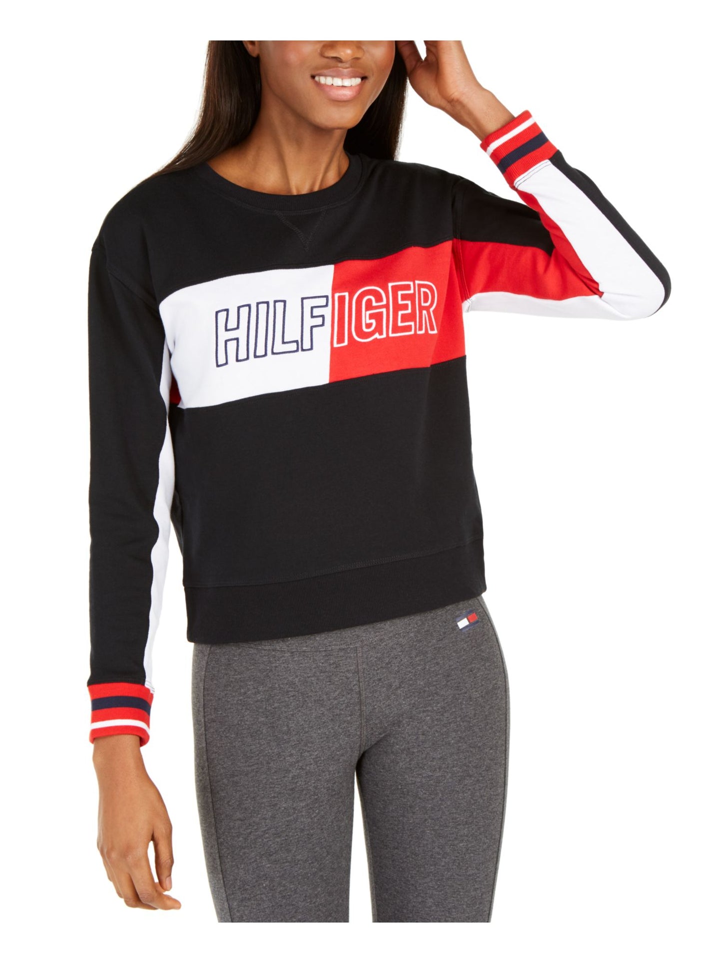 Tommy Hilfiger Women's Color Block Long Sleeve T-Shirt Black Size X-Large