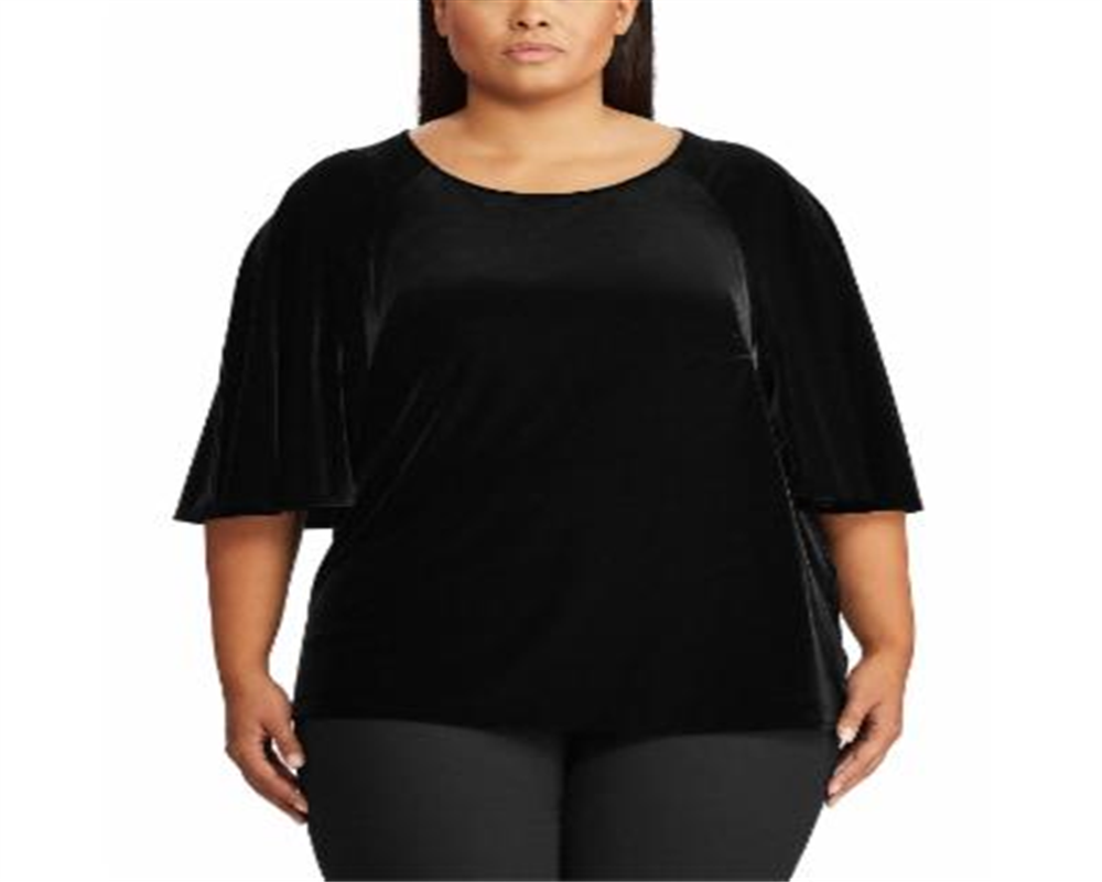 Ralph Lauren Women's Plus Velvet Flutter Sleeve T-Shirt Black Size 3X