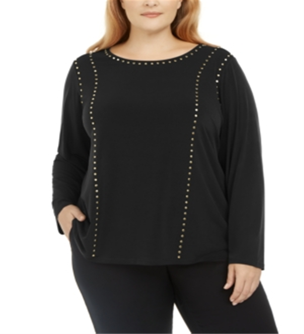 Calvin Klein Women's Crew Neck with Stud Detail Top Black  Size 1X