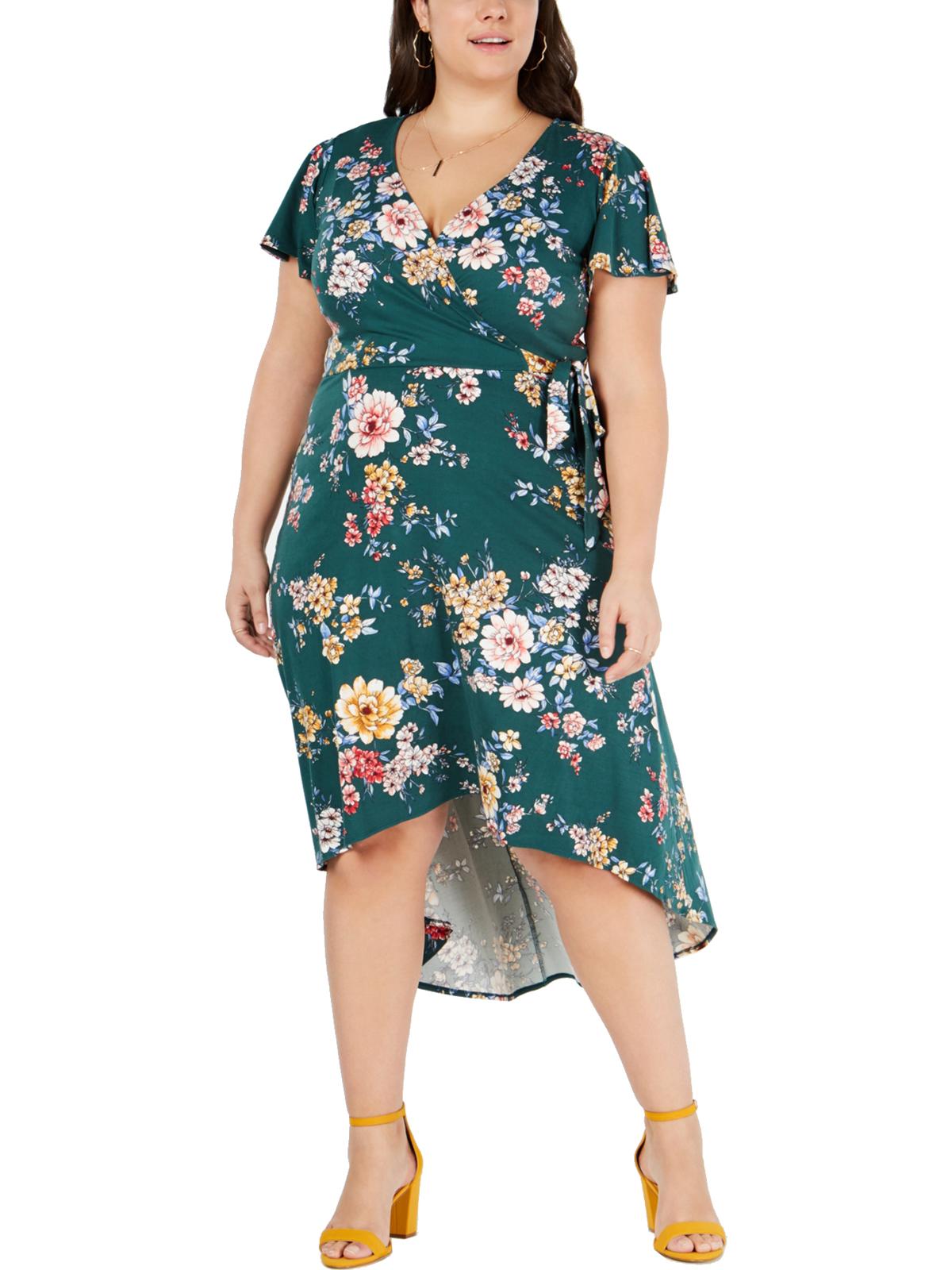 BCX Women's Floral Short Sleeve Tea Length Hi Lo Dress Green Size XX-Large