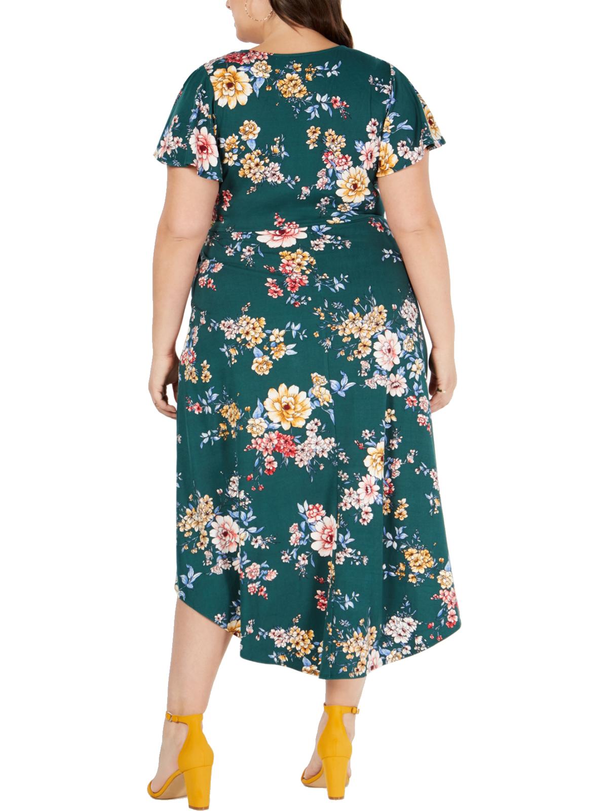 BCX Women's Floral Short Sleeve Tea Length Hi Lo Dress Green Size XX-Large