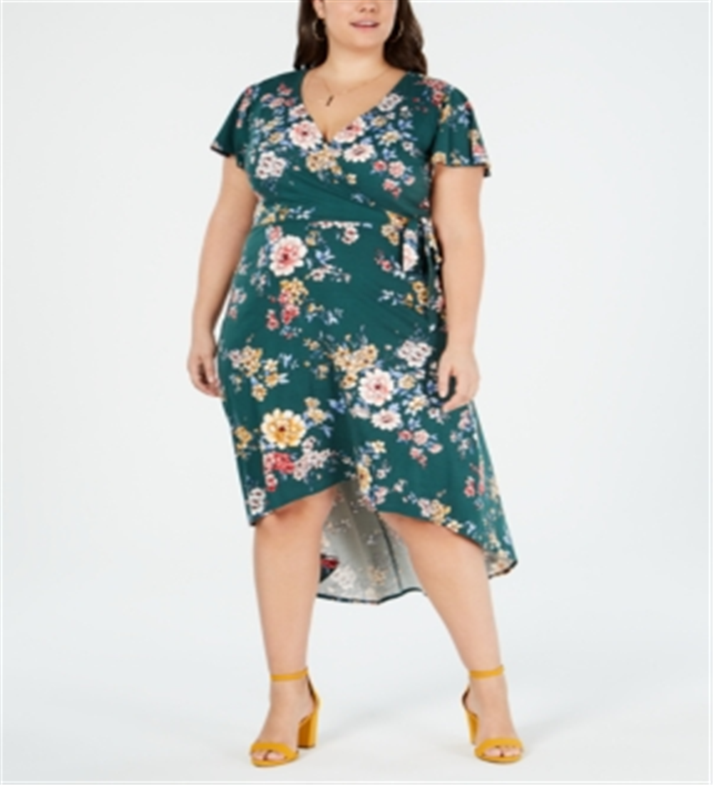 BCX Women's Floral Short Sleeve Tea Length Hi Lo Dress Green Size XX-Large