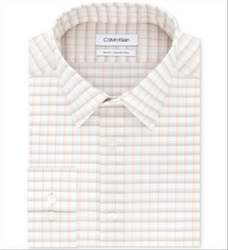 Calvin Klein Men's Slim Fit Stretch Collar Check Dress Shirt Orange Size 15.5X34X35