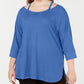 Calvin Klein Women's Cold Shoulder 3/4 Sleeve Jewel Neck Hi Lo Top Blue Size 3X