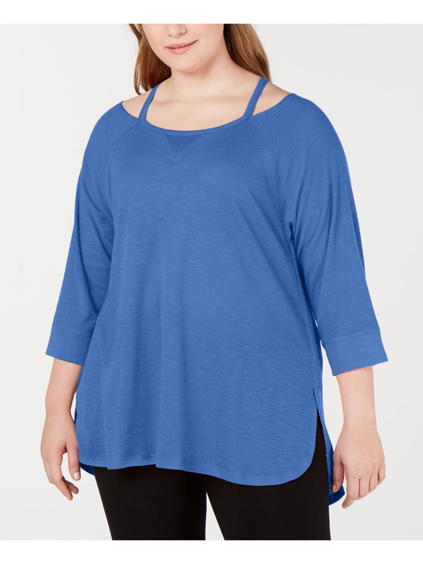 Calvin Klein Women's Cold Shoulder 3/4 Sleeve Jewel Neck Hi Lo Top Blue Size 3X