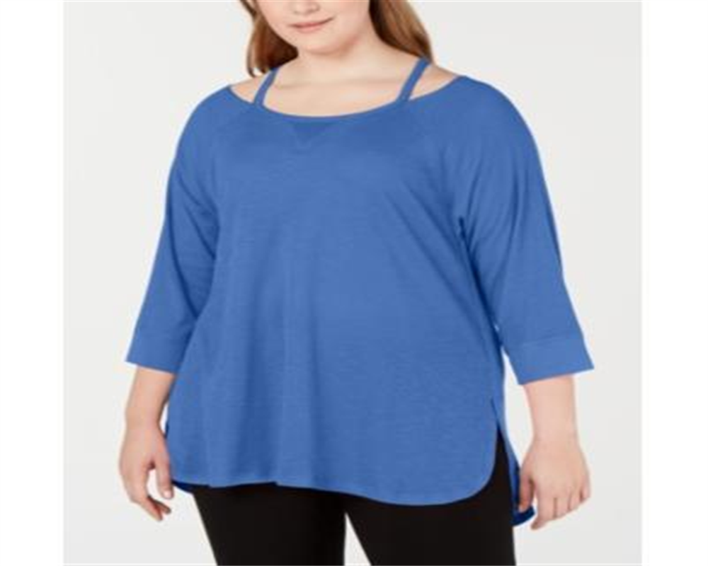 Calvin Klein Women's Cold Shoulder 3/4 Sleeve Jewel Neck Hi Lo Top Blue Size 3X