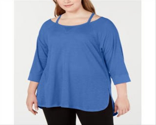 Calvin Klein Women's Cold Shoulder 3/4 Sleeve Jewel Neck Hi Lo Top Blue Size 3X