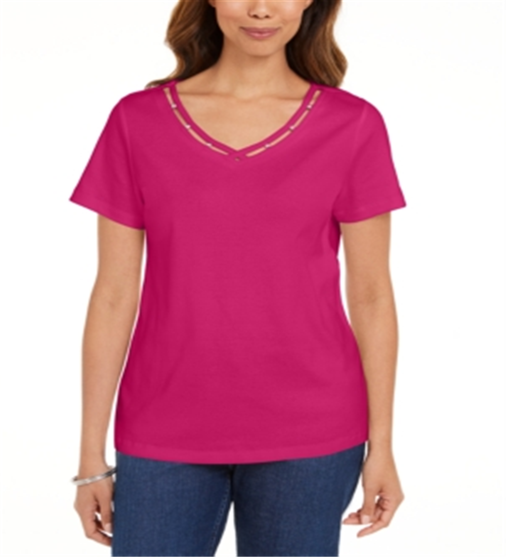 Karen Scott Women's Open-Trim V-Neck T-Shirt  Pink Size M