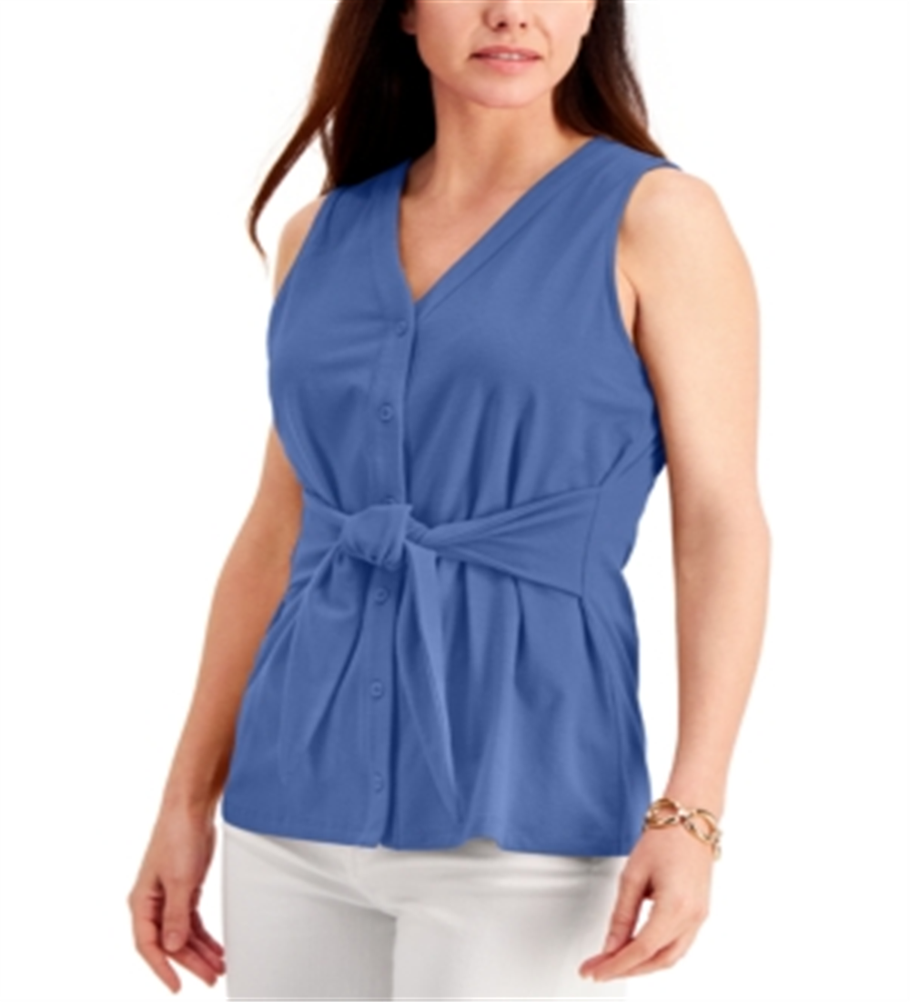 Charter Club Women's Tie-Front Sleeveless Top  Blue Size XS