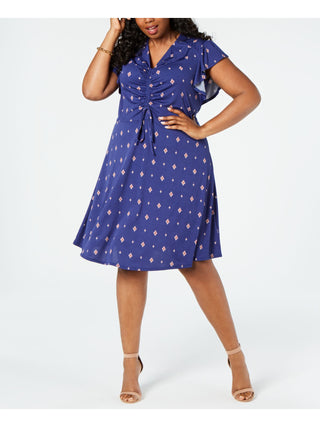 Monteau Women's Printed V Neck Below the Knee Shift Dress Blue Size 2X