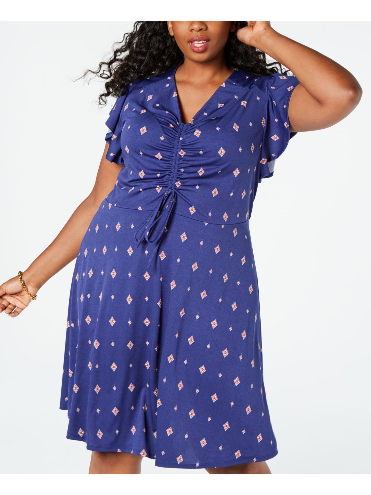 Monteau Women's Printed V Neck Below the Knee Shift Dress Blue Size 2X