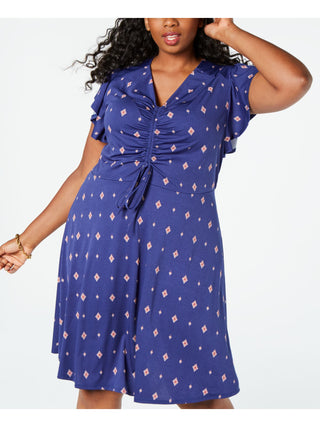 Monteau Women's Printed V Neck Below the Knee Shift Dress Blue Size 2X