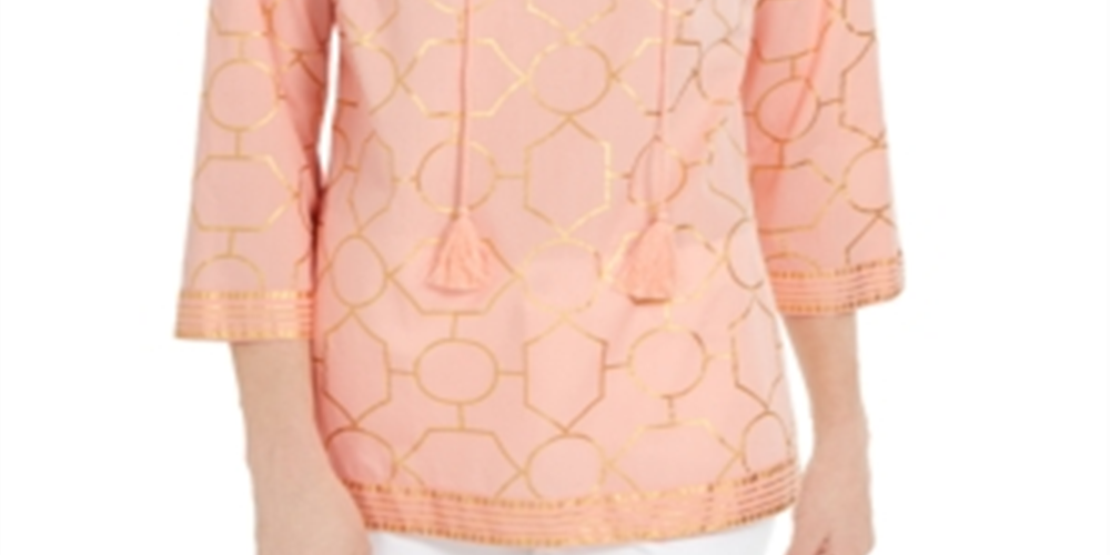 Charter Club Women's Foil Print Linen Top Orange Size X-Small