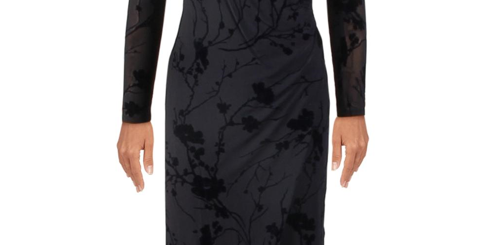 Ralph Lauren Women's Torelana Velvet Burnout MIDI Dress Navy Size 10
