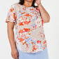Bar III Women's Floral Short Sleeve Jewel Neck Top Orange Size 1X
