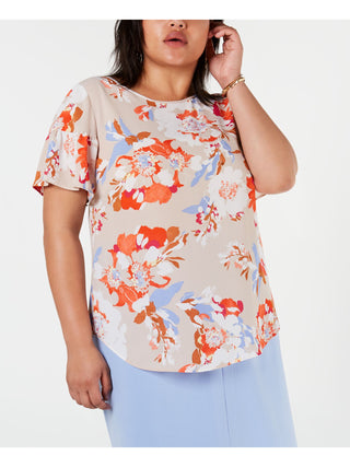 Bar III Women's Floral Short Sleeve Jewel Neck Top Orange Size 1X