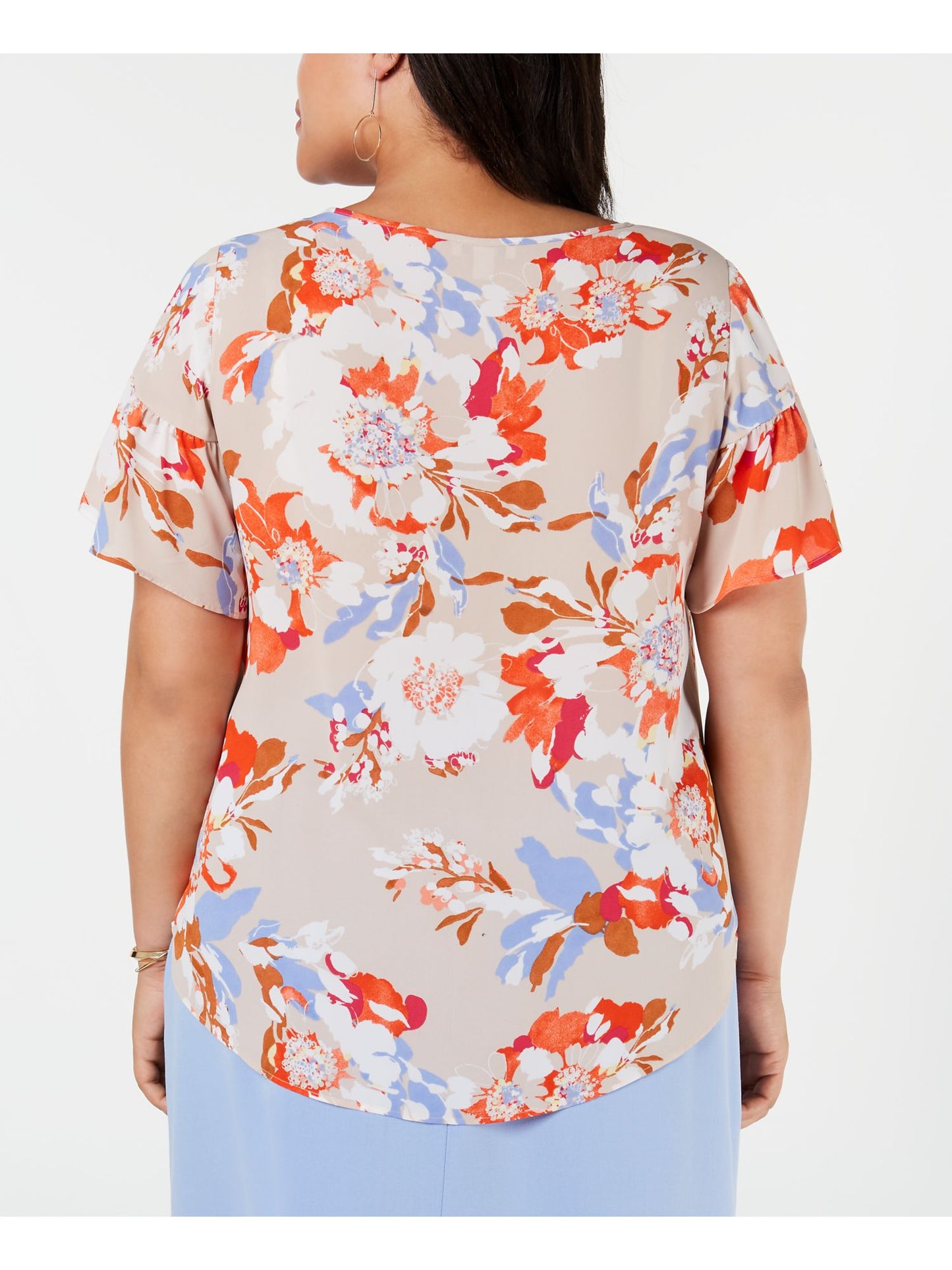 Bar III Women's Floral Short Sleeve Jewel Neck Top Orange Size 1X