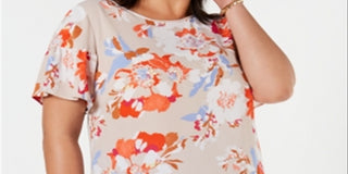 Bar III Women's Floral Short Sleeve Jewel Neck Top Orange Size 1X