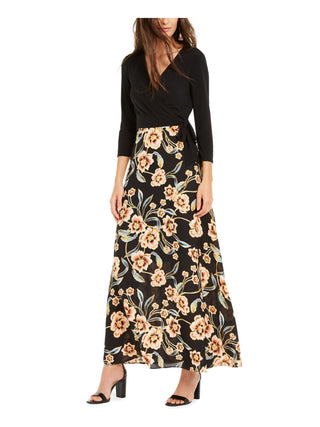 INC Womes  Floral Long Sleeve V Neck Full-Length Fit + Flare Dress  Black Size 4