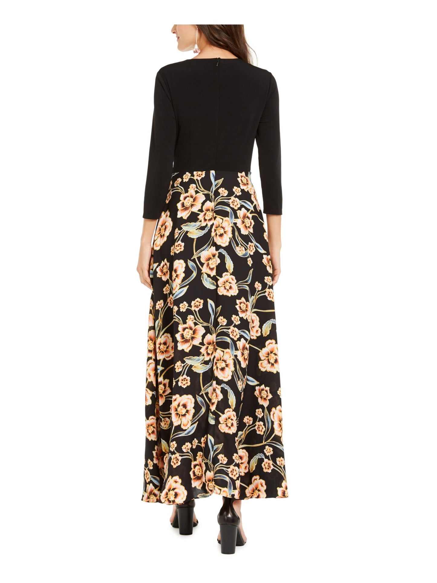 INC Womes  Floral Long Sleeve V Neck Full-Length Fit + Flare Dress  Black Size 4