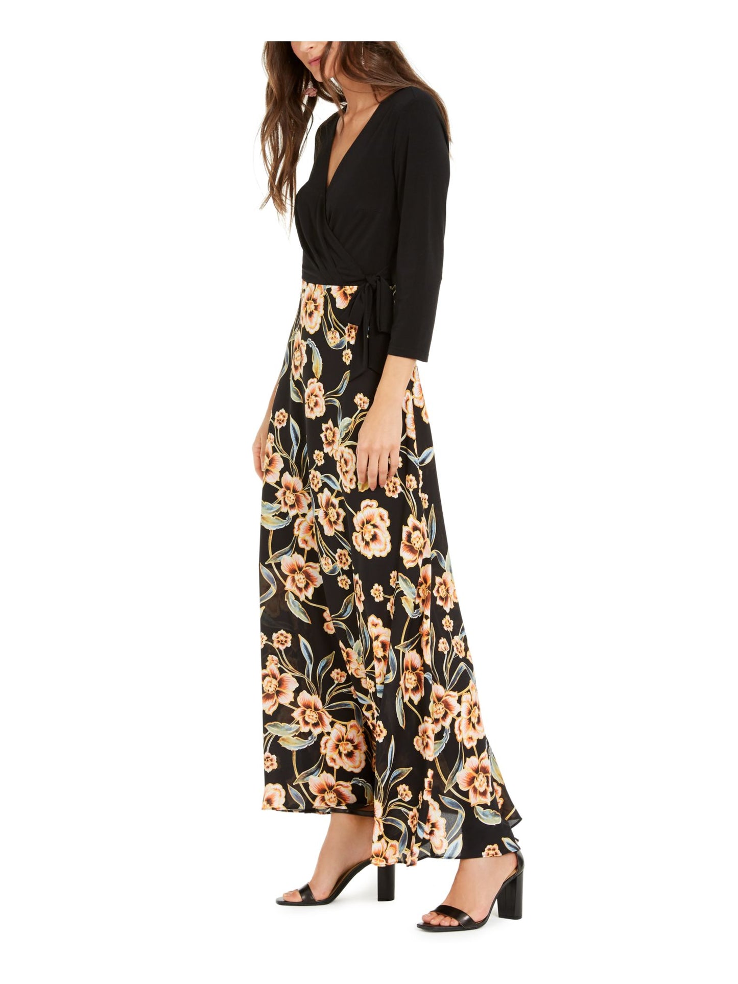 INC Womes  Floral Long Sleeve V Neck Full-Length Fit + Flare Dress  Black Size 4