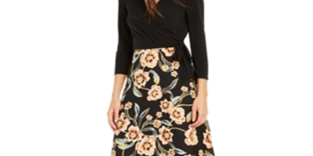 INC Womes  Floral Long Sleeve V Neck Full-Length Fit + Flare Dress  Black Size 4