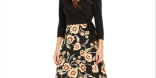 INC Womes  Floral Long Sleeve V Neck Full-Length Fit + Flare Dress  Black Size 4