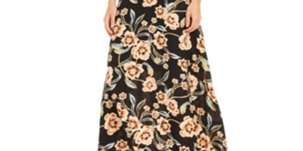 INC Womes  Floral Long Sleeve V Neck Full-Length Fit + Flare Dress  Black Size 4