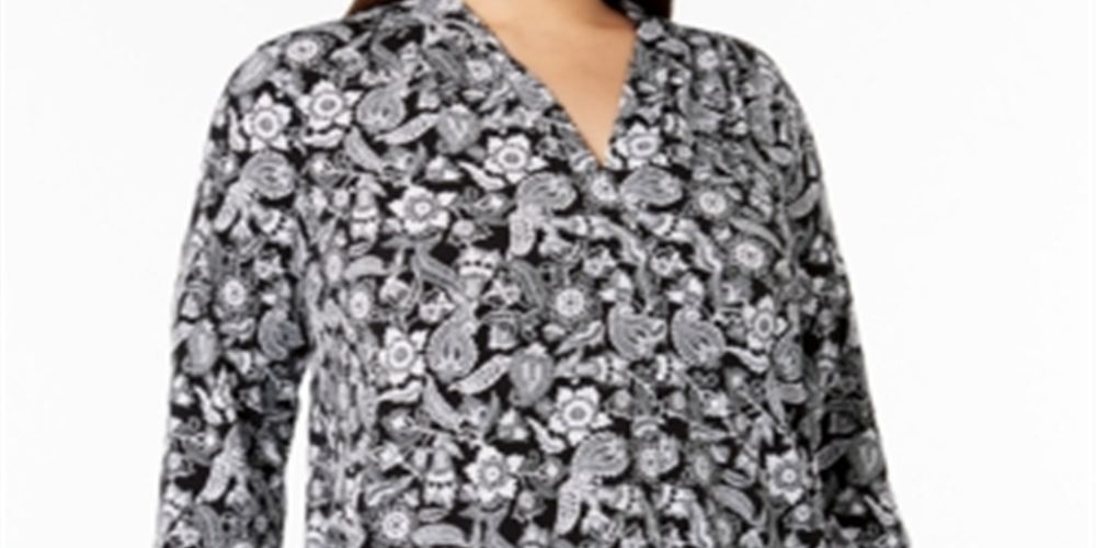 Charter Club Women's Plus Size Printed 34-Sleeve T Deep Black Floral Paisley Size 3X