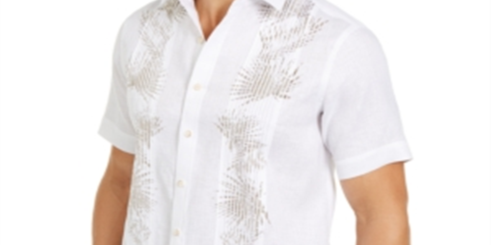 Tasso Elba Men's Pintucked Tropical Print Shirt  White Size Medium