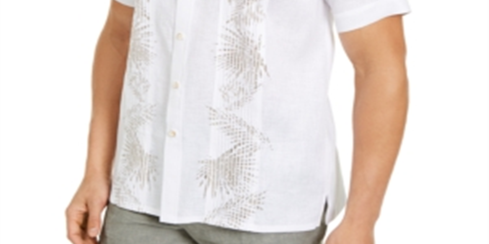 Tasso Elba Men's Pintucked Tropical Print Shirt  White Size Medium