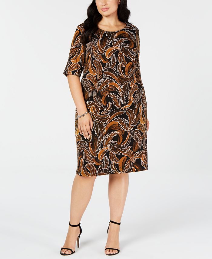 Connected Trendy Plus Leaf-Print Sheath Dress Brown Size 14W