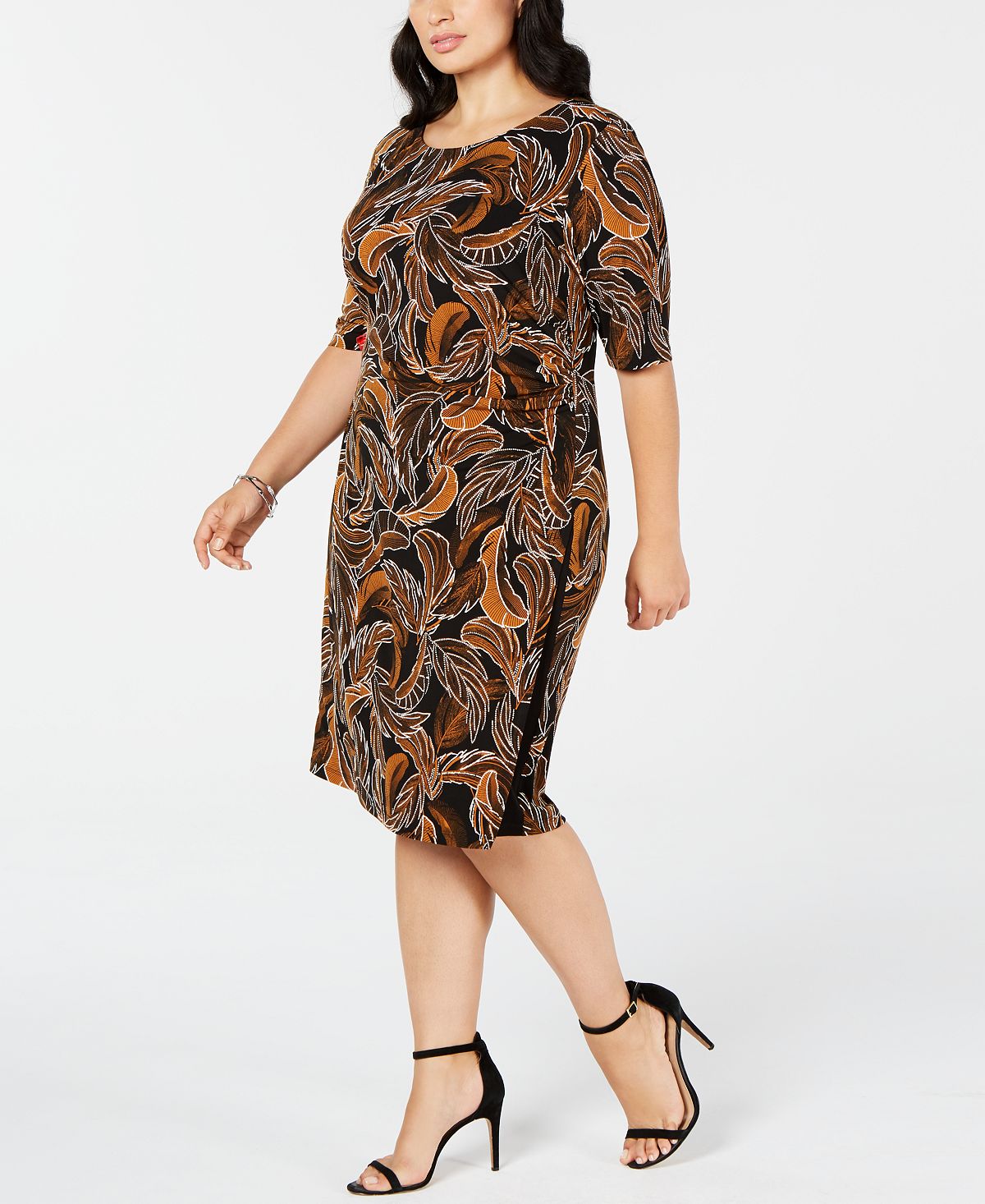 Connected Trendy Plus Leaf-Print Sheath Dress Brown Size 14W