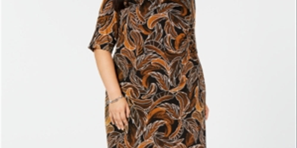 Connected Trendy Plus Leaf-Print Sheath Dress Brown Size 14W