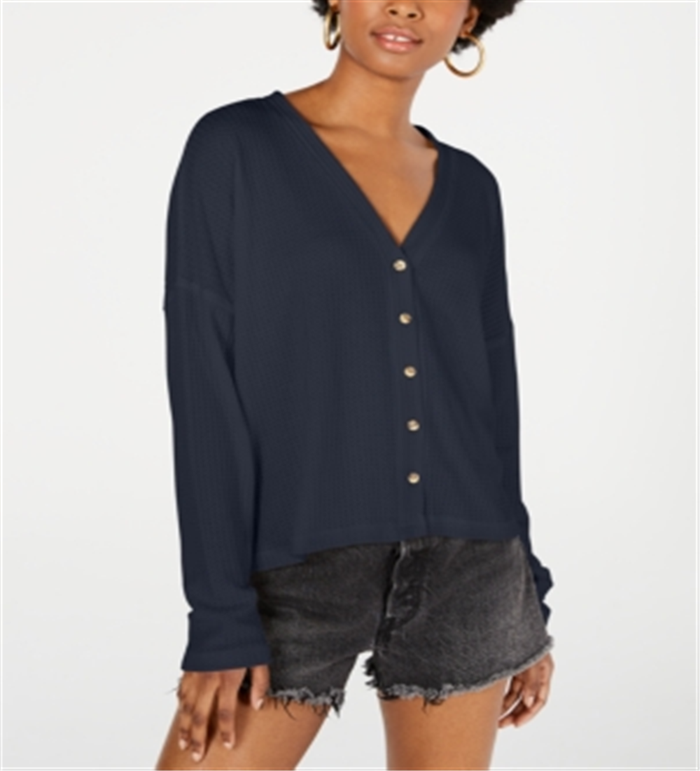 Hippie Rose Women's Juniors Hacci Card Waffle Knit Knit Cardigan Sweater Blue Size M