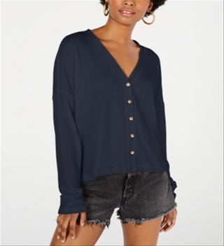 Hippie Rose Women's Juniors Hacci Card Waffle Knit Knit Cardigan Sweater Blue Size M