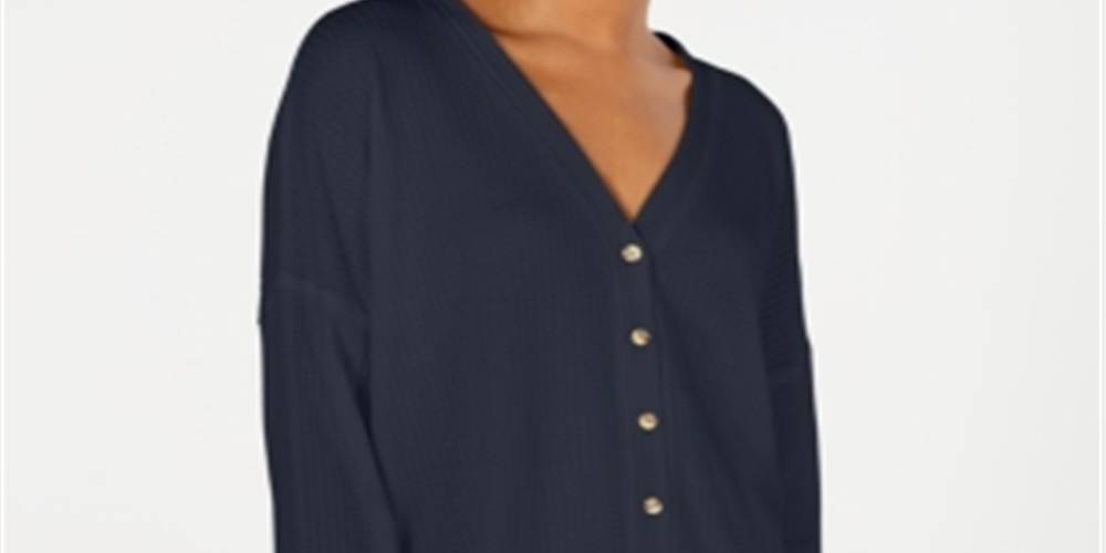 Hippie Rose Women's Juniors Hacci Card Waffle Knit Knit Cardigan Sweater Blue Size M